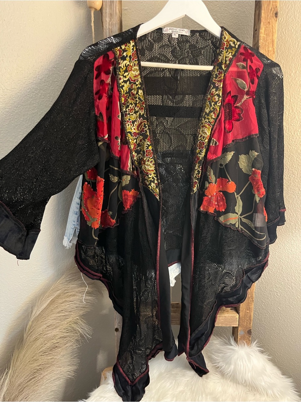 Spencer Alexis Petite Black Sheer Crochet Kimono
